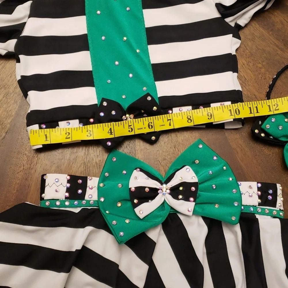 Striped Black and White Kids Dance  Costume Rhinestones Beetlejuice Waistress